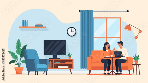 Couple working on laptops in a living room with couch and tv