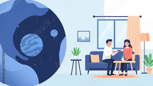 Couple watching space scene from living room with planets and stars