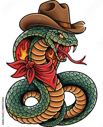 Vector illustration of a coiled cobra snake wearing a brown cowboy hat and a red bandana.