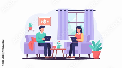 Couple working on laptops in a living room with plants and a window