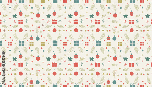 Retro Christmas seamless pattern festive gifts baubles snowflakes and pine branches on a beige background