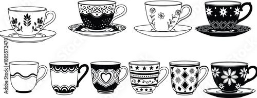 Decorative teacup and coffee cup collection illustration, vintage floral patterned mugs and saucers set, elegant cafe drinkware isolated vector design