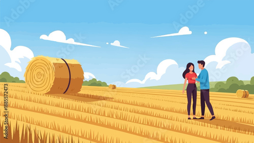 Couple in a harvested field with hay bales under a blue sky