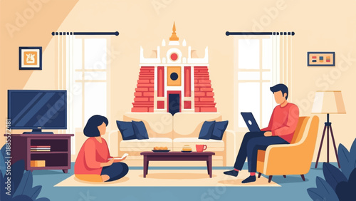 Couple relaxing at home, one on laptop, other on phone, with decorative shrine
