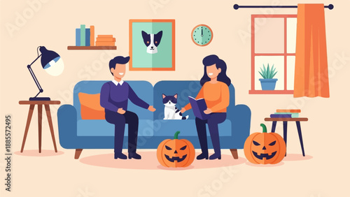 Couple with cat and pumpkins enjoying a cozy evening at home