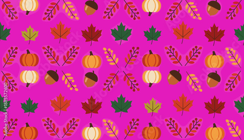 Seamless vibrant autumn pattern featuring pumpkins maple leaves acorns and berries on a pink background