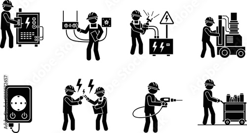 Electrician worker safety icons set electrical maintenance repair power equipment industrial job silhouettes black vector illustration isolated white background design collection symbols