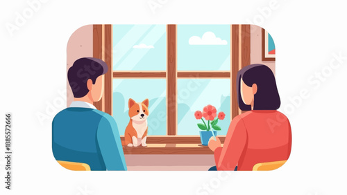Couple with dog and flowers by the window