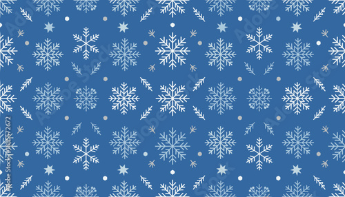 Seamless winter pattern with white and blue stylized snowflakes on a deep blue background Holiday design asset
