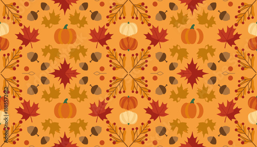 Seamless fall pattern background with pumpkins maple leaves and acorns ideal for seasonal design