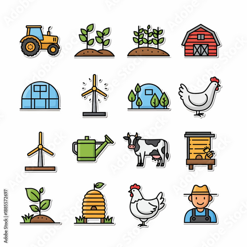 A set of colorful farm and agricultural icons