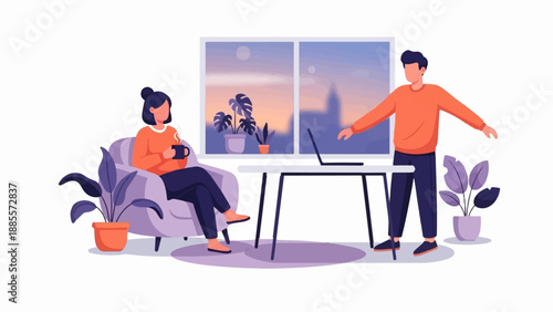 Couple relaxing and working together by a large window at sunset