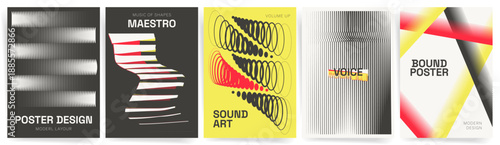 Music and Sound Line Poster Vector Set. Abstract waveforms and gradient stripes cover templates in black, red, yellow. Modern design ideal for music festival, concert, DJ, electronic events.
