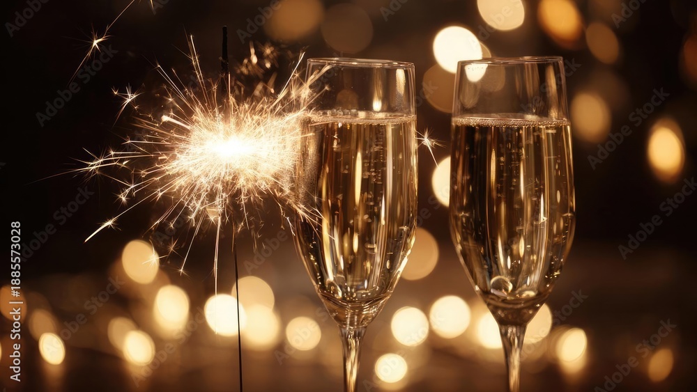 Fototapeta premium Two champagne flutes with a lit sparkler in the foreground, golden bokeh lights in the background. Concept Champagne Toast, Sparkler Moment, Golden Bokeh, Romantic Nightscape, Elegant Celebration