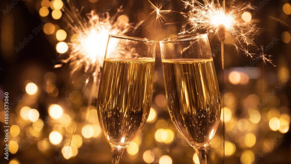 Fototapeta premium Two champagne flutes clinking in a festive setting with sparklers and warm bokeh lights. Concept Champagne Toast, Festive Celebration, Sparkler Atmosphere, Warm Bokeh Lights, Romantic Night Portrait