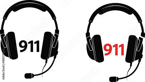 Emergency call center headset icon, 911 operator support symbol, customer service help desk illustration, emergency response communication concept