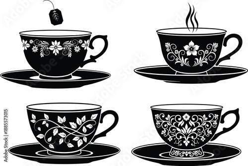Elegant teacup silhouettes with floral ornaments, steaming tea and teabag illustration, vintage cafe drinkware concept isolated on white background vector