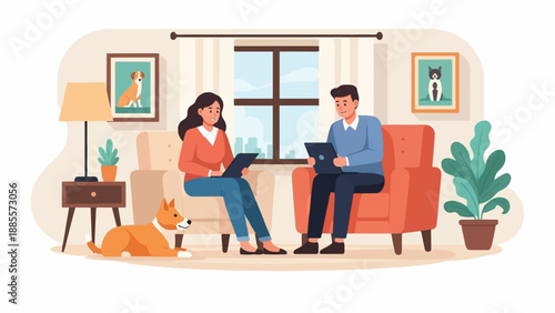 Couple with dog and houseplants work on laptops in a cozy living room