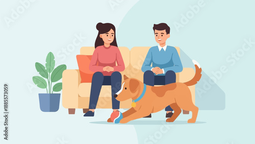 Couple relaxing on a sofa with their playful dog and a potted plant