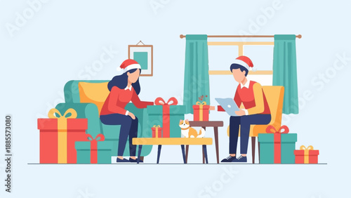 Couple with dog and gifts, wearing Santa hats, in a cozy room