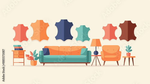 Colorful leather swatches hang above a living room scene with sofa, armchair, and plants