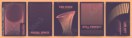 Abstract spiral and radial line poster vector set. Gradient waves and swirling curves cover templates in purple and coral. Modern design ideal for art prints, album covers, posters, digital media.