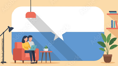 Couple relaxing on a sofa with a laptop, home interior, plants, bookshelves