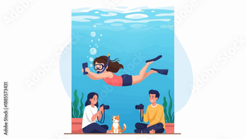 Couple and dog watch snorkeler take underwater selfie with phone