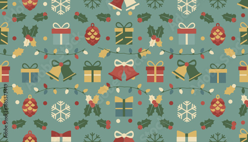 Seamless retro Christmas pattern featuring gifts holly bells and snowflakes Holiday background