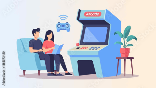 Couple relaxes on a couch near a vintage arcade machine and a potted plant