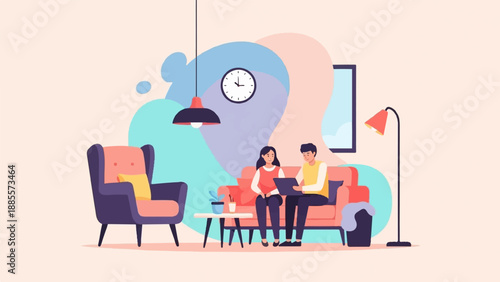 Couple relaxing on a couch with a laptop in a modern living room