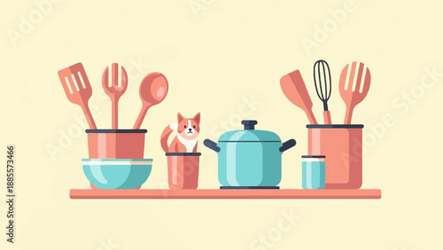 Colorful kitchen tools and a cat on a shelf