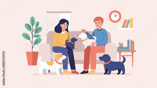 Couple relaxing on a couch with multiple dogs around them