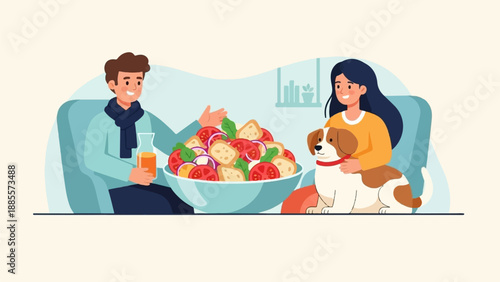 Couple and dog share a large bowl of salad and drinks on a couch