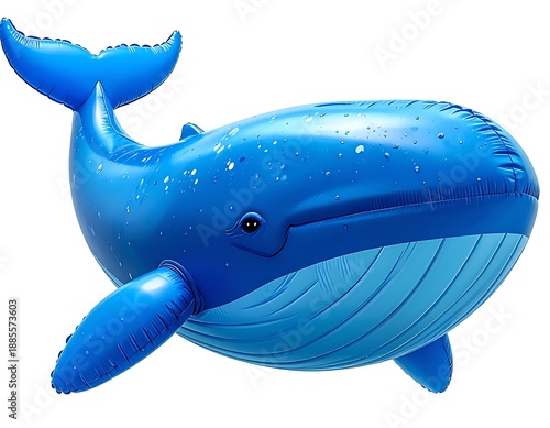 Blue inflatable whale, side view, isolated. Grooved texture on belly. Small, black eye. White specks adorn back