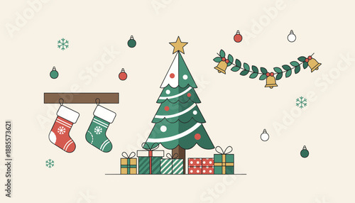 Flat design illustration of Christmas tree gifts and stockings perfect for holiday greeting cards and backgrounds