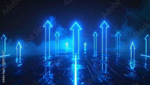 Blue, illuminated arrows point upwards from a shiny, reflective surface amidst hazy blue/purple smoke