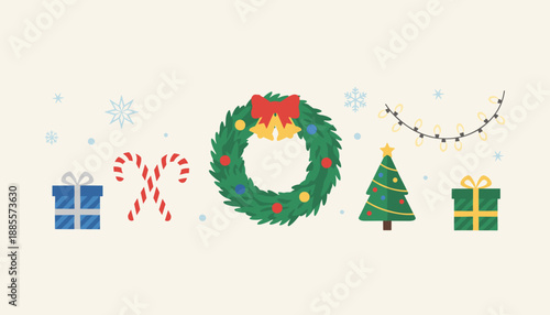 Cheerful flat illustration of holiday elements wreath tree gifts candy canes and snowflakes Vector design