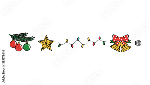 Festive Christmas vector set ornaments star string lights jingle bells and snowflake isolated icons
