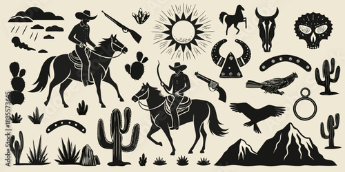 Vintage western elements cowboys cacti skulls and desert landscape illustrations