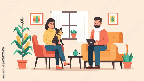 Couple with dog and laptop in cozy living room, corn plant decor