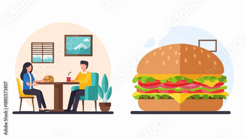 Couple dining in restaurant beside large hamburger illustration