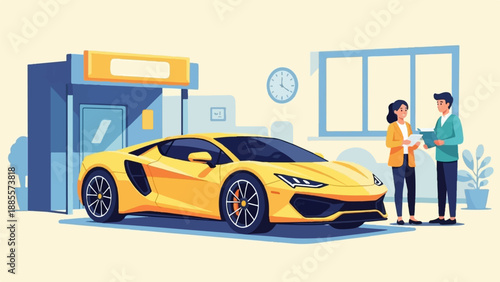 Couple discusses a sports car purchase outside a dealership with a clock