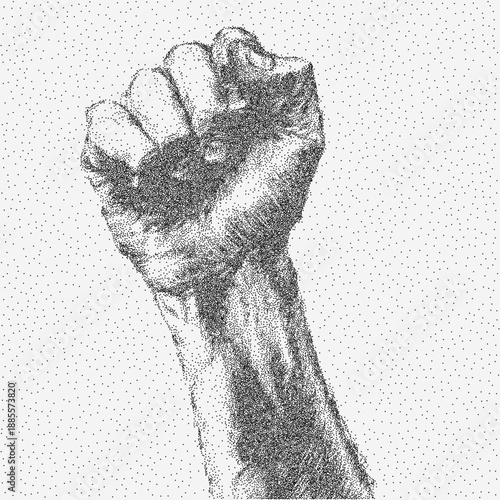 Raised fist symbol of struggle with grainy threshold texture, speckled dust, faint scratches and stains over rough vintage paper surface with aged imperfections.