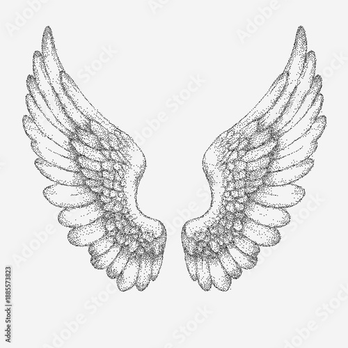 Graphic wings illustration with layered grain, stipple dust, faint scratches, rough edges and textured worn paper surface with soft vintage shading.