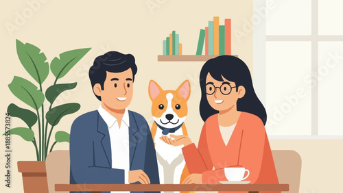 Couple and dog relaxing indoors with books and plants nearby