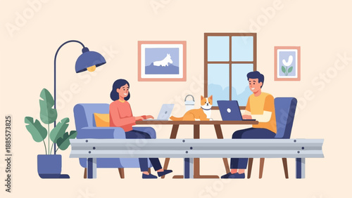 Couple working on laptops with a dog at a table