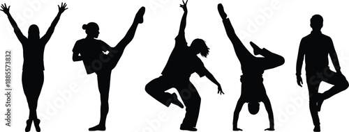Fitness movement silhouettes, yoga martial arts and dance poses showing flexibility balance strength isolated on white background vector illustration design