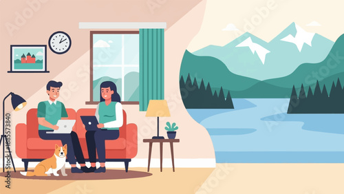 Couple working on laptops with dog and scenic view of mountains and lake