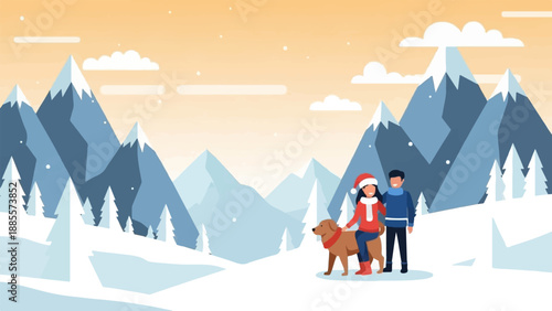 Couple with dog enjoy winter holidays in snowy mountainous landscape